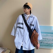 1港风竖条纹大码M-5XL中性风情侣潮七分袖衬衫男QCS7018P45控69，男装衬衫，星座226-2