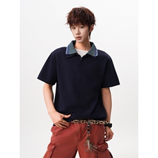 M-8XL美式复古撞色拼接polo衫半拉链短袖t恤大码宽松DX1227/特P40，男装T恤，电商B238