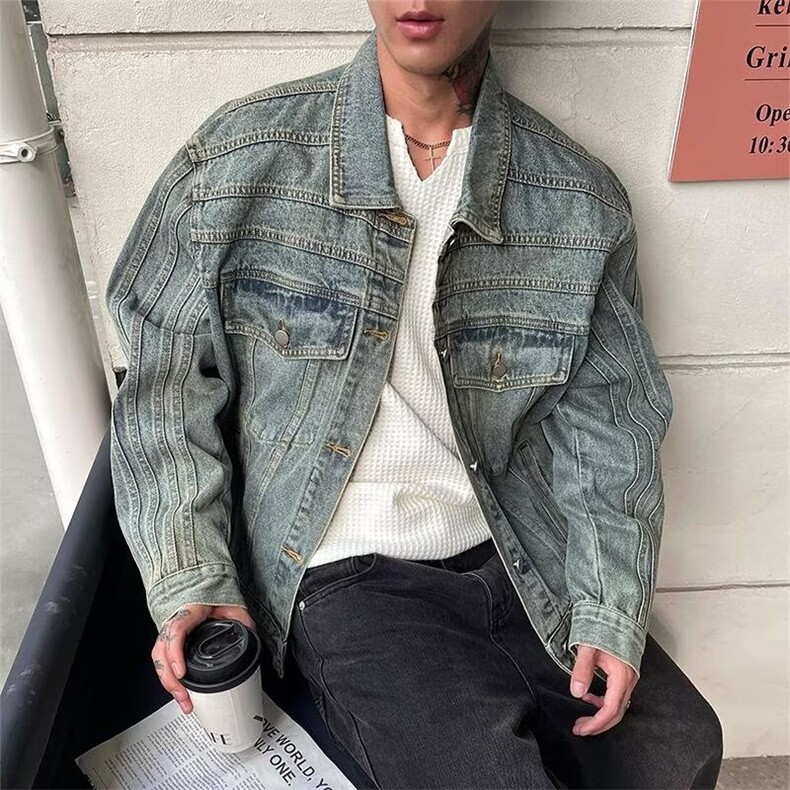 复古vibe风水洗牛仔外套男春秋宽松做旧工装翻领夹克上衣潮JK2114，男装工装外套，星座302B-2