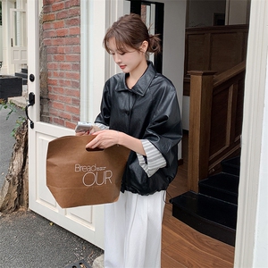 条纹拼接翻领黑色皮衣外套女春秋2025新款小个子PU夹克爆款高级感图片