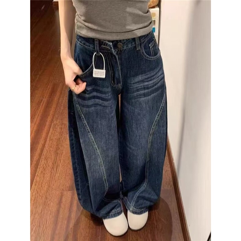 美式复古弯刀牛仔裤男女秋季新款高街宽松阔腿拖地裤LNZ322-P55图片