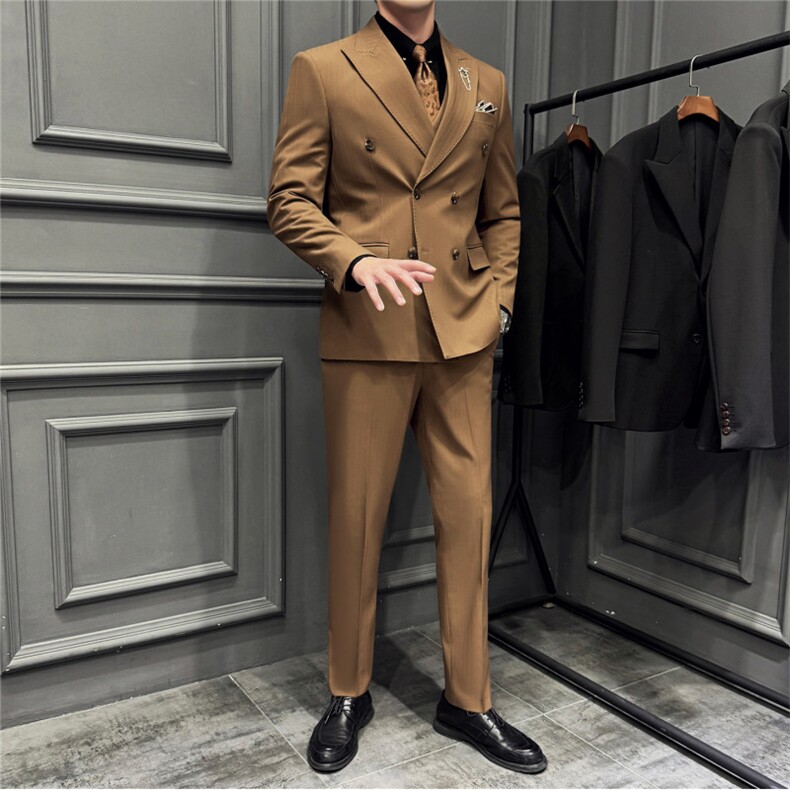 高品质色织暗条纹戗驳领双排扣西服三件套糖咖色SJT8063-P295,男装西服套装,电商A213
