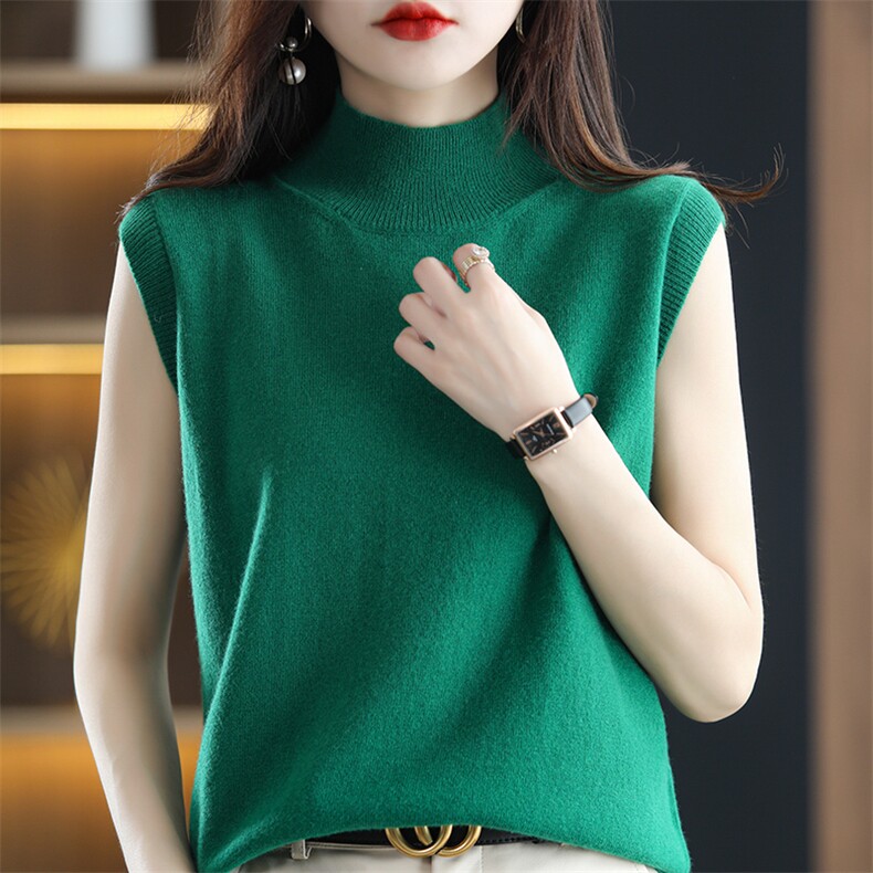 新款半高领衫女针织无袖套头洋气打底背心内搭羊毛上衣时髦，女装马甲，暖钟情羊绒