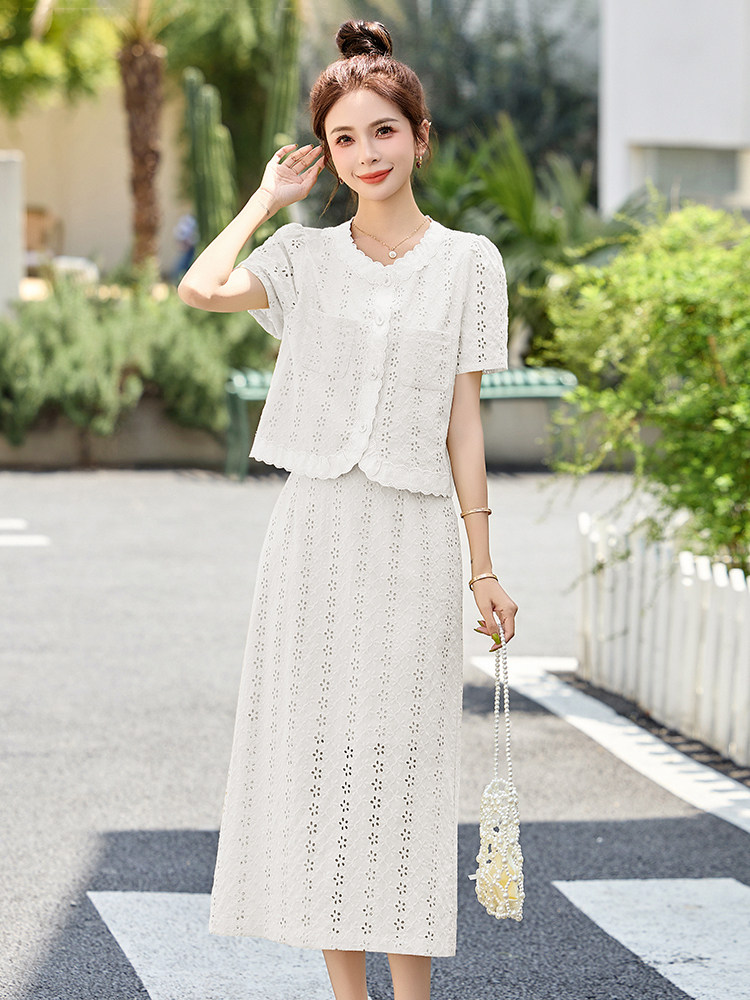 小香风蕾丝套装裙女2025夏季新款气质显瘦刺绣开叉半身裙两件套潮,女装套装/套裙,布芭啦