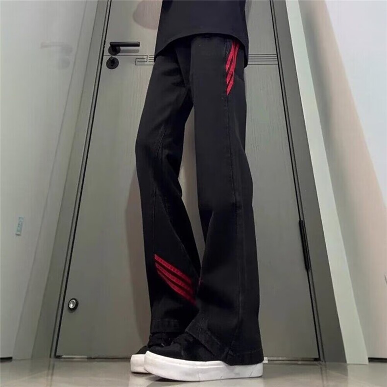 斜杠三条纹红黑撞色拼接显瘦微喇牛仔裤小众设计感美式工装直筒裤图片