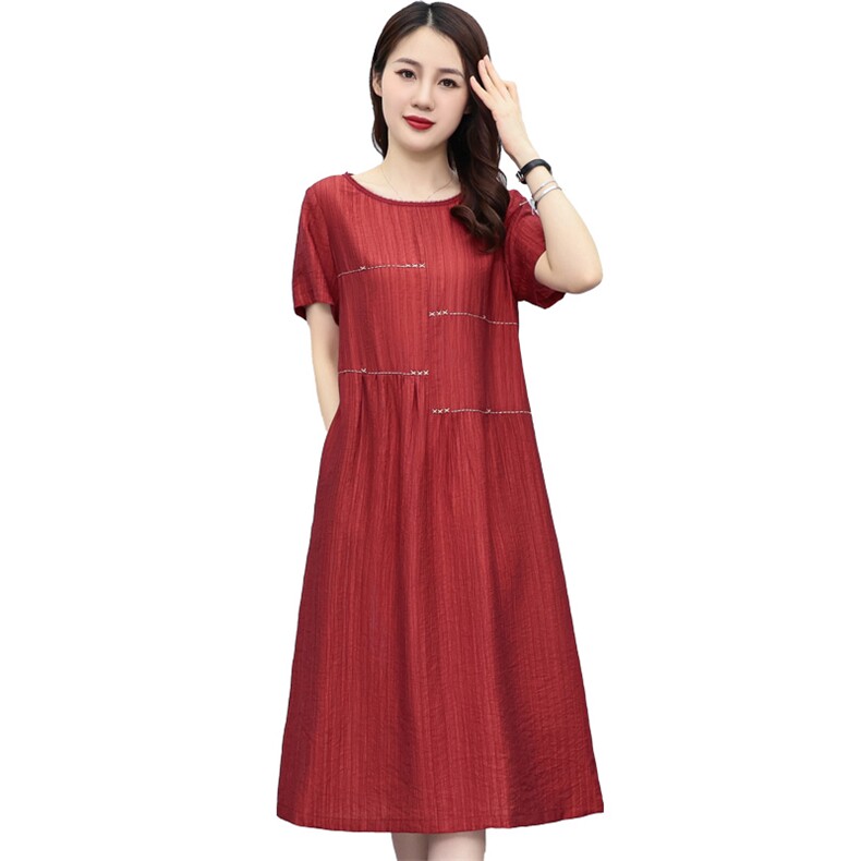 【现货】连衣裙夏中长款短袖宽松显瘦气质纯色连衣裙A型,女装连衣裙,妃曼