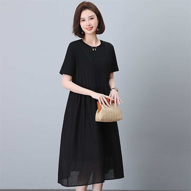 宽松雪纺连衣裙女夏季2025新款时尚洋气大码遮肚子休闲撞色长裙子,女装连衣裙,江忆布依