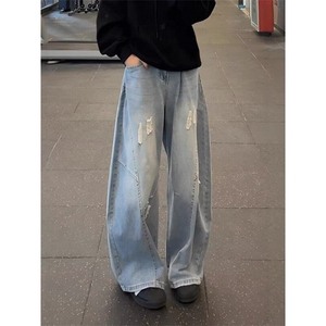 网络图，美式弯刀破洞男款夏季高街牛仔裤XZ302B-1-N29P50图片