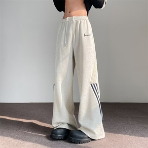 美式高街拼接条纹运动裤男女同款秋冬直筒休闲阔腿长裤子