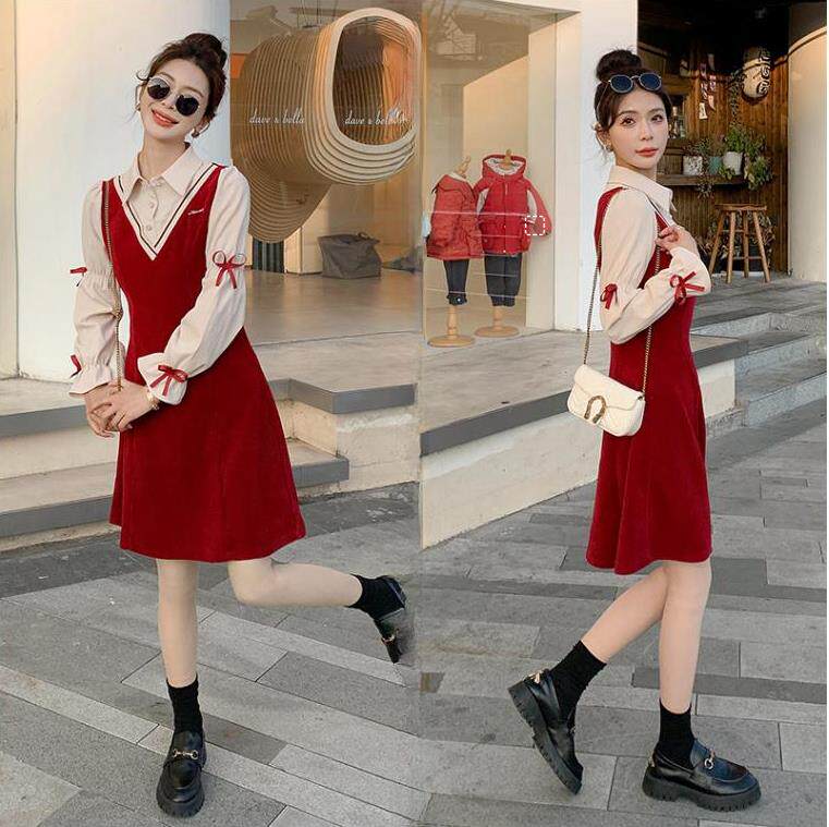 2025春季时髦假两件气质修身蝴蝶结中长款A字裙翻领长袖连衣裙，女装连衣裙，曼琳思菲