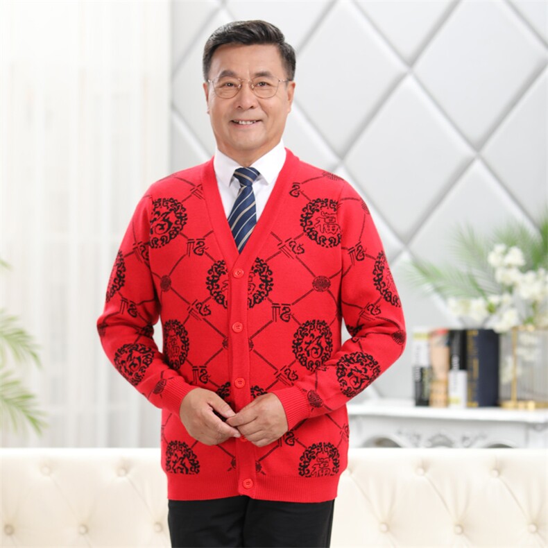 中老年情侣外套喜庆唐装宽松针织开衫男女款毛衣,男装中老年男装,亚东羊绒制品