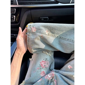 美式高街花卉破洞牛仔裤男款夏季痞帅高级感裤子vibe满印 NK1131图片