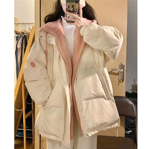 常规加厚假两件羊羔毛棉服女2024冬季学生新款宽松文艺拉链长袖图片