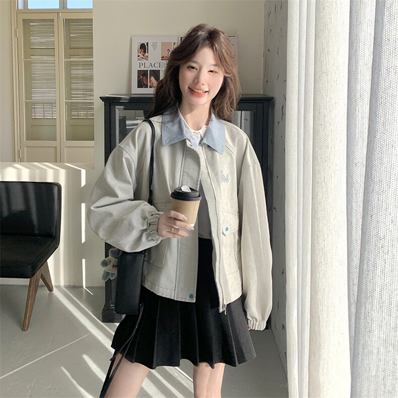 学院风拼色翻领牛仔外套女2025春季新款韩版宽松小个子夹克上衣潮，女装短外套，维壹