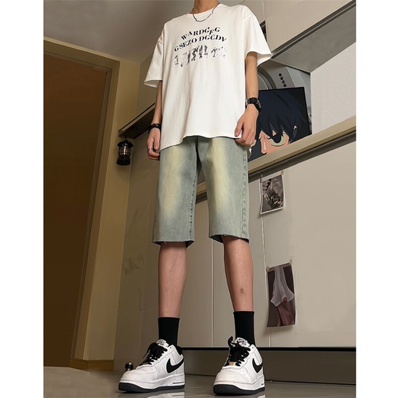 现货夏季黄泥色牛仔毛边短裤美式宽松五分中裤男K5811-P35控58,男装牛仔裤,星座205