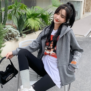 开衫卫衣拉链外套女2024春季新款韩版慵懒风连帽宽松大码外套女图片