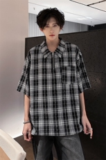 405A美式高阶烫钻格子半拉链设计衬衫短袖T恤T2513-P55控78，男装T恤，星座405A