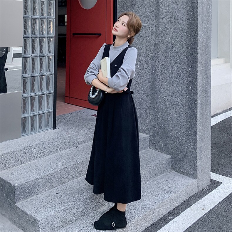 黑色法式假两件拼接连衣裙女2025秋季新款气质显瘦轻熟风a字长裙图片