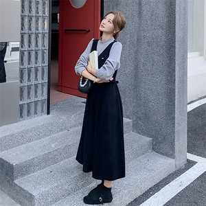 黑色法式假两件拼接连衣裙女2025秋季新款气质显瘦轻熟风a字长裙图片