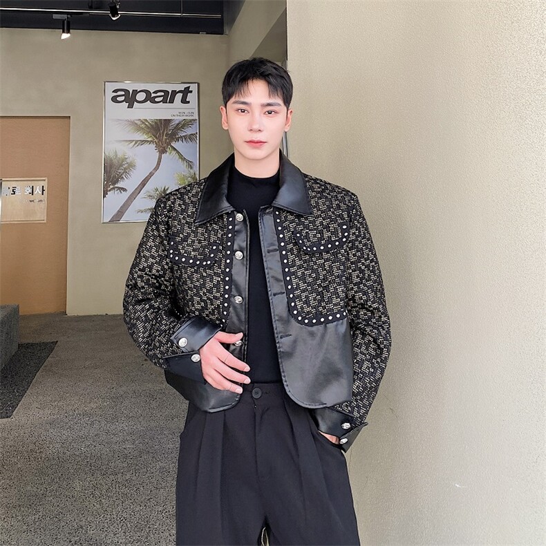 自制时尚复古暗黑PU拼接设计款休闲夹克高级感外套上衣男293-P165，男装夹克，电商A345