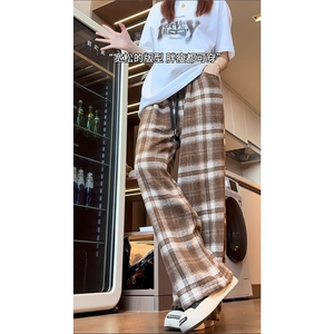 毛呢格子直筒休闲裤男高级感拖地裤子宽松bf慵懒风阔腿裤D517/P45图片
