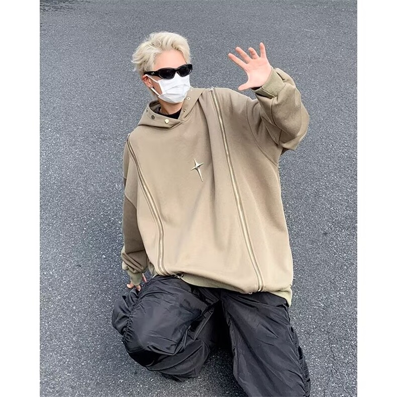 双拉链连帽卫衣男秋冬高街金属感情侣外套小众设计感潮GWY200-p45,男装卫衣,星座1008
