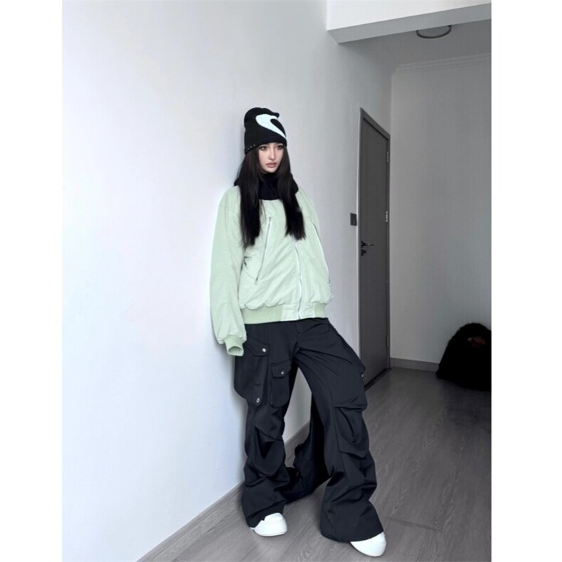 （现货）豆绿色大拉链口袋男女棉服立领棉衣,男装棉衣,星座807