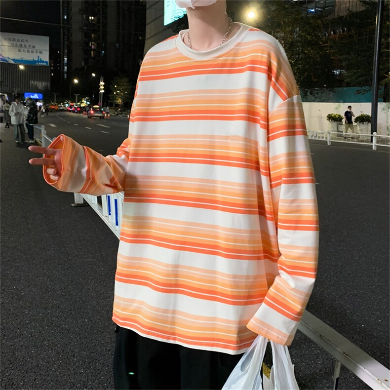新款条纹长袖男oversize美式复古2021设计感小众奶系T恤T726-P26,男装T恤,星座512-4