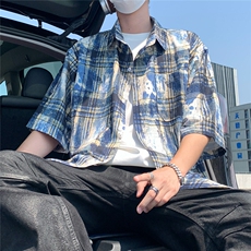 2025美式扎染印花冰丝凉感短袖五分袖格子衬衫CS1866/特P25蓝5，男装T恤，电商A094