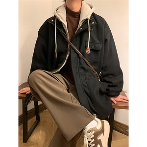 EQ158 冬季日系宽松港风加厚毛呢大衣连帽棉衣棉服假两件外套P145图片