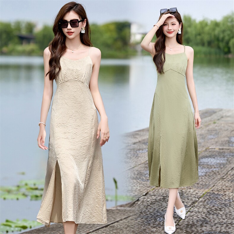 100%三醋酸优雅气质吊带连衣裙女长裙夏季新款，女装连衣裙，尚娜萱