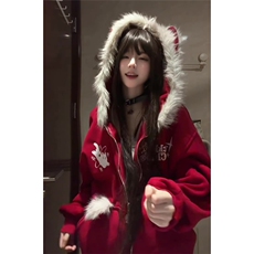 新年红色复古幽灵猫猫J加绒毛绒连帽卫衣外套女设计感慵懒风帽衫，女装短外套，星座601-1