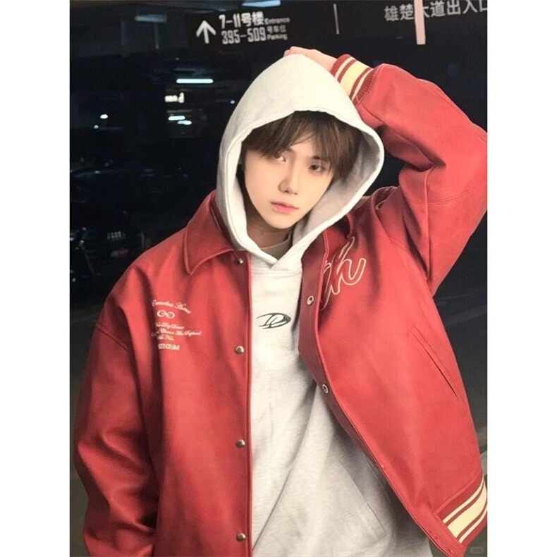 【有货】酒红色外套高级感痞帅PU皮夹克棒球服JK611特P70,男装夹克,星座908-1
