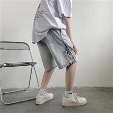 牛仔短裤男女夏季宽松ins潮牌夏季薄款男生刺绣五分裤子N1681-P40，男装牛仔裤，星座1008