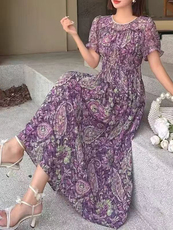 （现货）紫色碎花收腰显瘦V领连衣裙子夏款中长款连衣裙女装，女装连衣裙，韩蔻秀