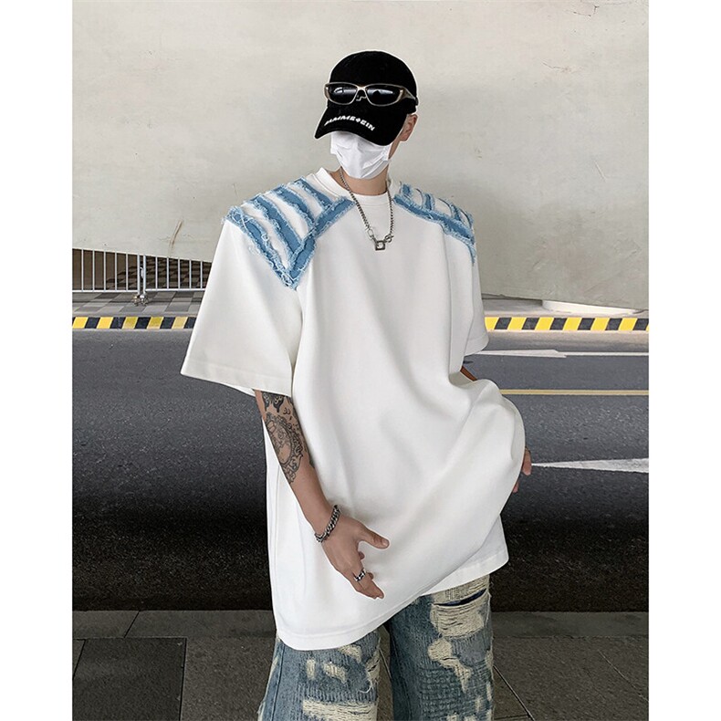 现货!高品质25牛仔拼接拉毛设计感垫肩短袖T恤DX127-P78,男装T恤,电商B288