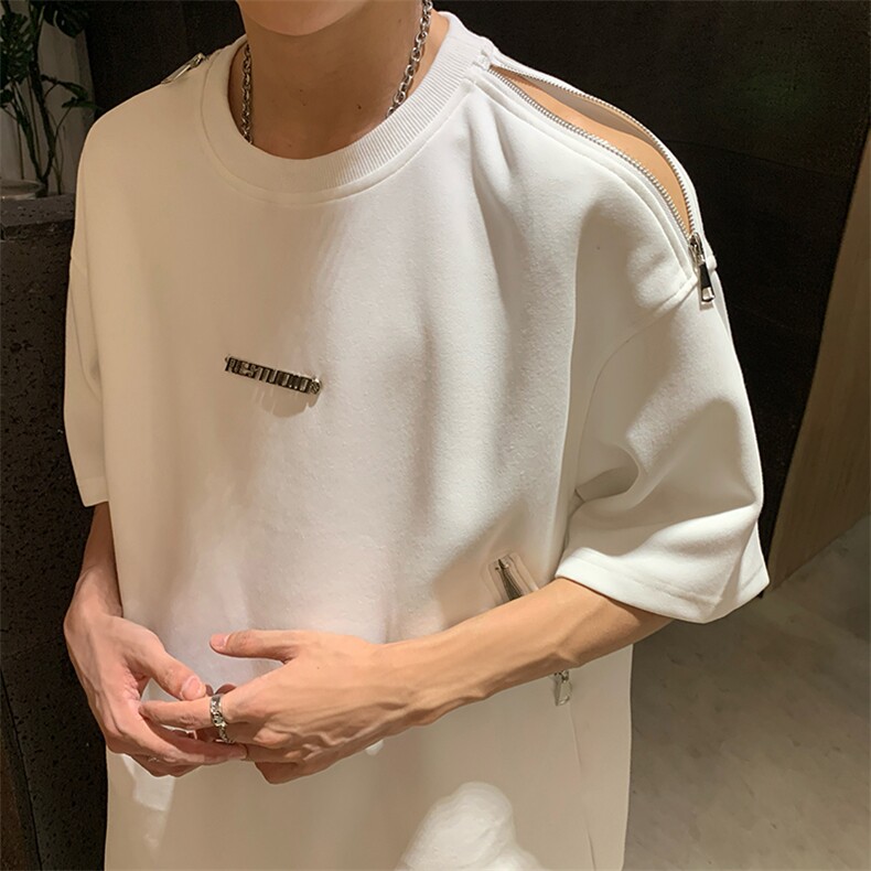 美式街头潮牌白色t恤男生夏季穿搭肩膀拉链短袖oversize重磅半袖,男装T恤,星座405A