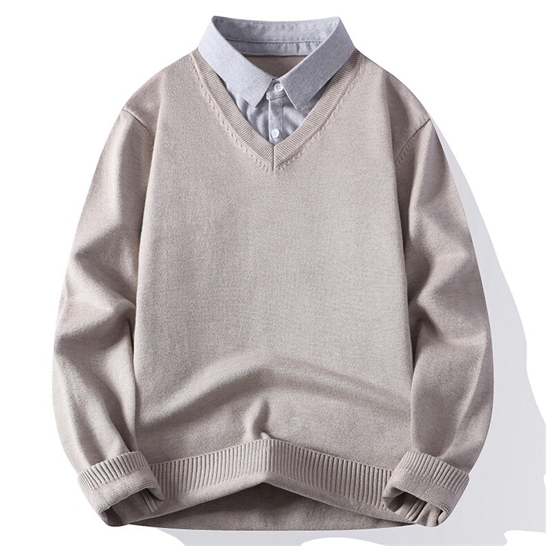 25701-P55秋季时尚翻领毛衣外套男假两件针织衫纯色衬衫领外套，男装针织衫/毛衣，电商D310B