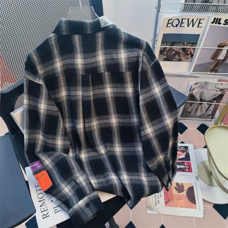 美式复古潮男女黑白格子衬衫休闲青少年春秋情侣上衣外套~CS105,男装衬衫,星座601-1
