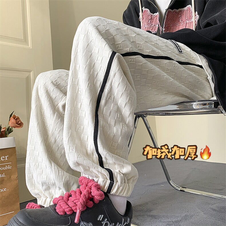 雪尼尔棋盘格加绒cleanfit运动裤男大码束脚裤子K23730J加绒-P70图片