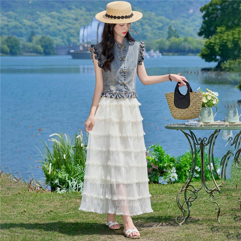 （新款现货）2026夏装时尚薄牛仔小飞袖上衣+蛋糕超仙纱裙两件套,女装套装/套裙,印象茜