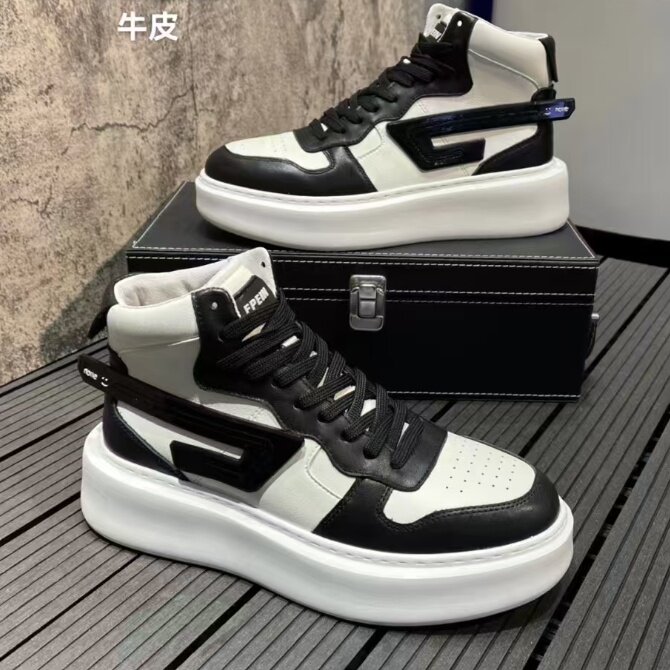 秋冬新款高帮男鞋头层牛皮厚底板鞋男运动休闲鞋，男鞋靴子，星座1407-6