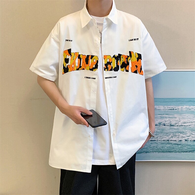 1港风字母刺绣设计大码M-5XL中性风网红短袖衬衫男DCS7722P45控59，男装T恤，星座226-2