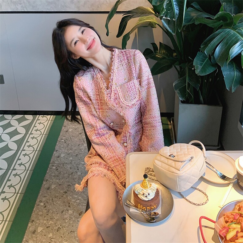 粉色粗花呢法式小香风女春季2025新款短外套A字裙时髦,女装毛呢外套,天使之佳话