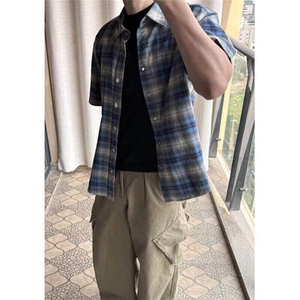美式格子短袖衬衫男休闲夏季薄款宽松情侣半袖衬衣外套LCD011-p35图片
