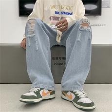 牛仔裤男款直筒宽松夏季阔腿美式垂感休闲破洞长裤子N05028-P40，男装牛仔裤，星座308B-1