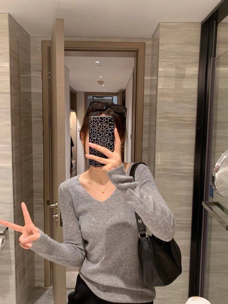 纯色V领长袖羊毛针织衫女韩版显瘦时尚百搭上衣,女装羊毛衫,恩泰羊绒