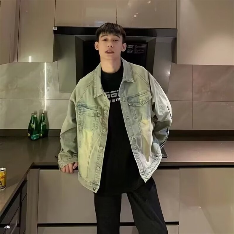 复古水洗牛仔夹克袖子拉链高街潮牌宽松外套1001-1-JK887-P62,男装工装外套,星座1001-1