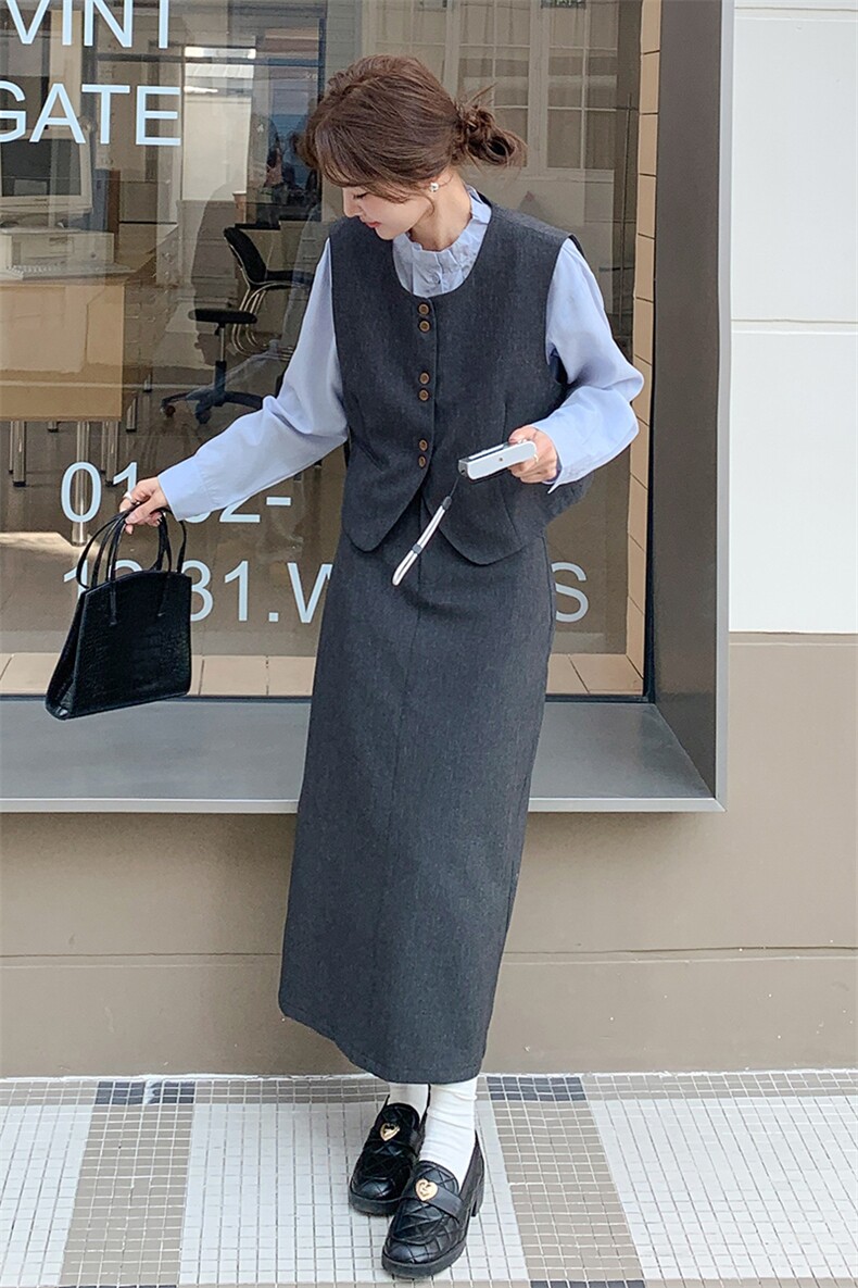 气质通勤穿搭灰色马甲套装裙女春秋2025新款超火衬衫半身裙三件套,女装套装/套裙,2C305