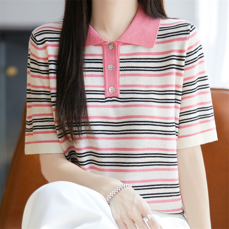 2025春夏新款polo领条纹针织短袖t恤女撞色翻领半袖打底衫薄上衣,针织衫/毛衣,唐诺